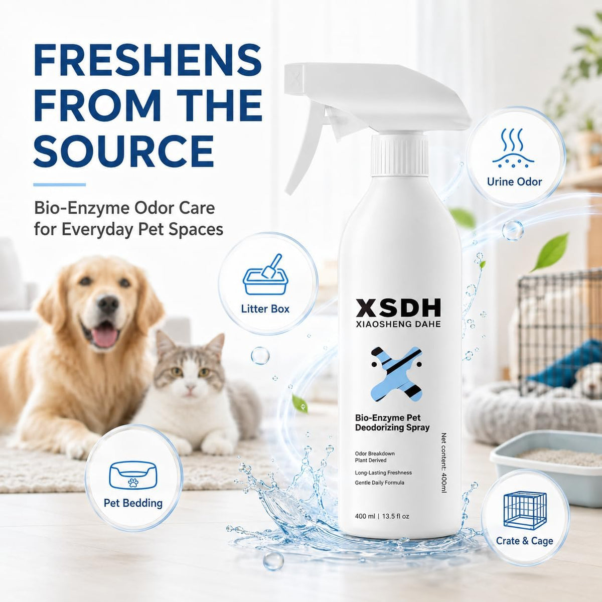 Pet Odor Deodorizing Spray, Bio-Enzyme Stain & Strong Odor Eliminator Spray for Dog Cat Pee Urine Pop, No-Rinse Air Freshener Spray for Smelly in Beds, Sofa, Carpet, Upholstery in Home & Car, 400ml