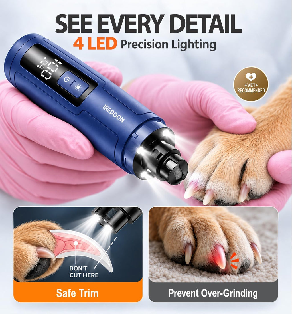 IREDOON Dog Nail Grinder with 4 LED Lights, 3 Speeds Super Quiet for Pets