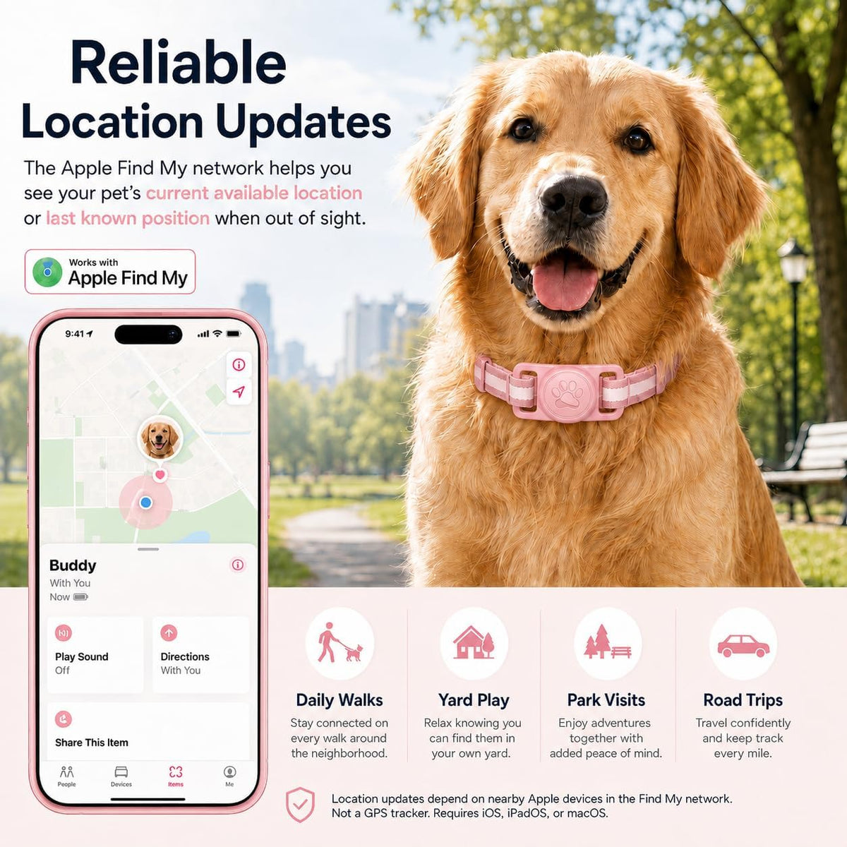 GPS Tracker for Dogs, Pet Location Tracker for Dogs & Cats, iOS Only(Pink)