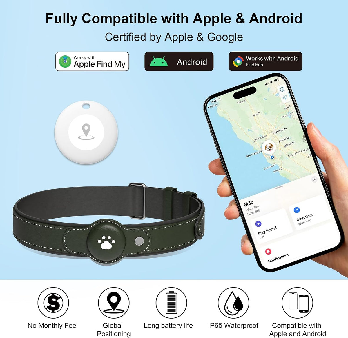 GPS Tracker for Dogs, Dog GPS Tracker, Pet Location Tracker with Collar, Real-Time Tracking, No Monthly Fee or Subscription, Waterproof, 365-Day Long Battery Life, Dog Tracking Device, iOS & Android