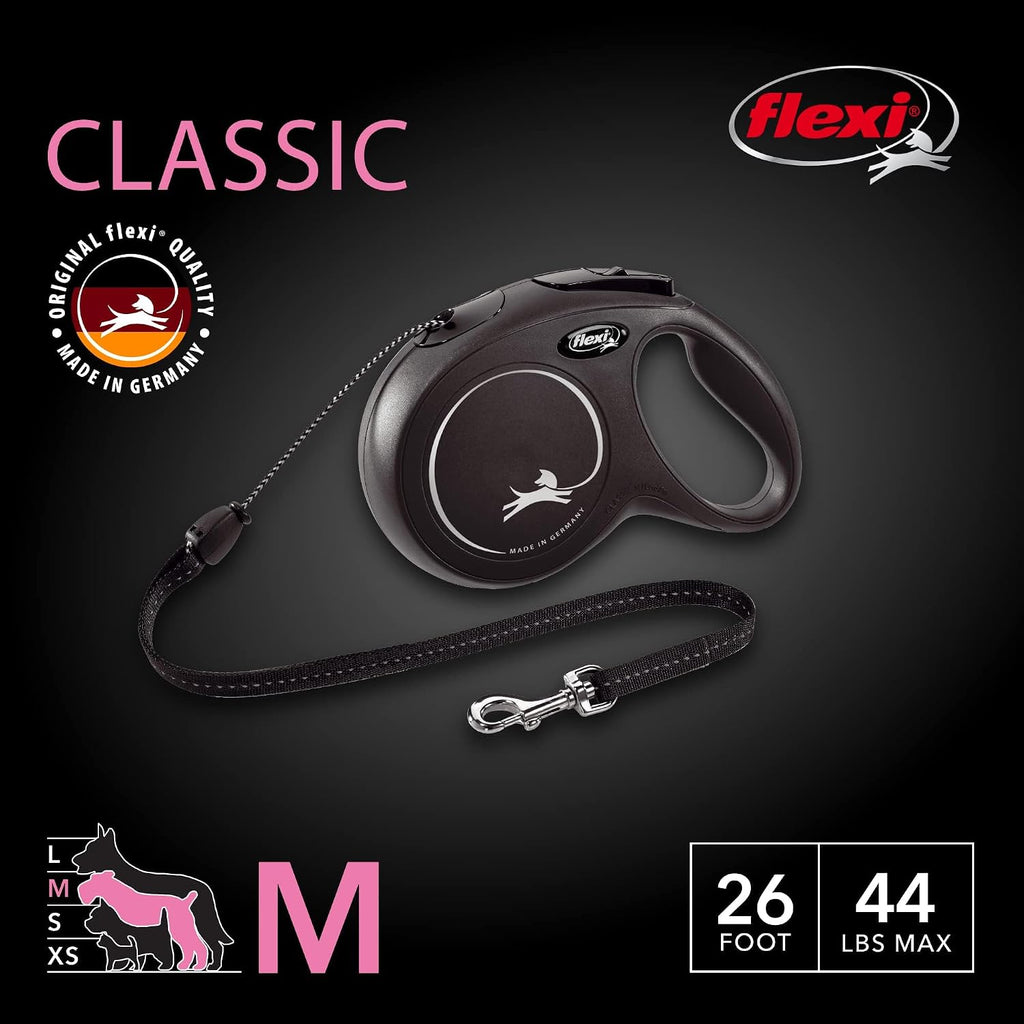 FLEXI® Classic Cord Retractable Dog Leash, Medium, 26 ft - Black
