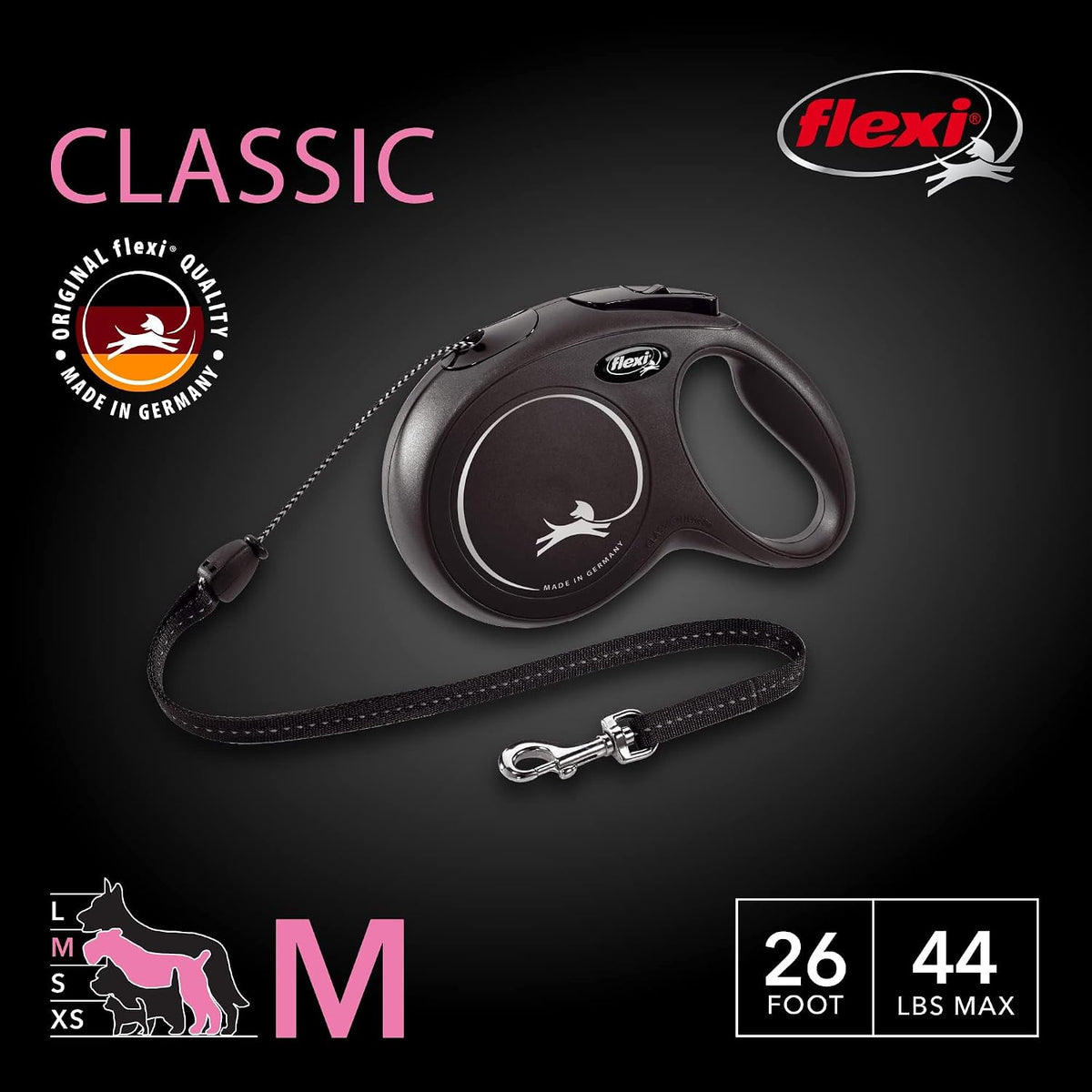 FLEXI® Classic Cord Retractable Dog Leash, Medium, 26 ft - Black