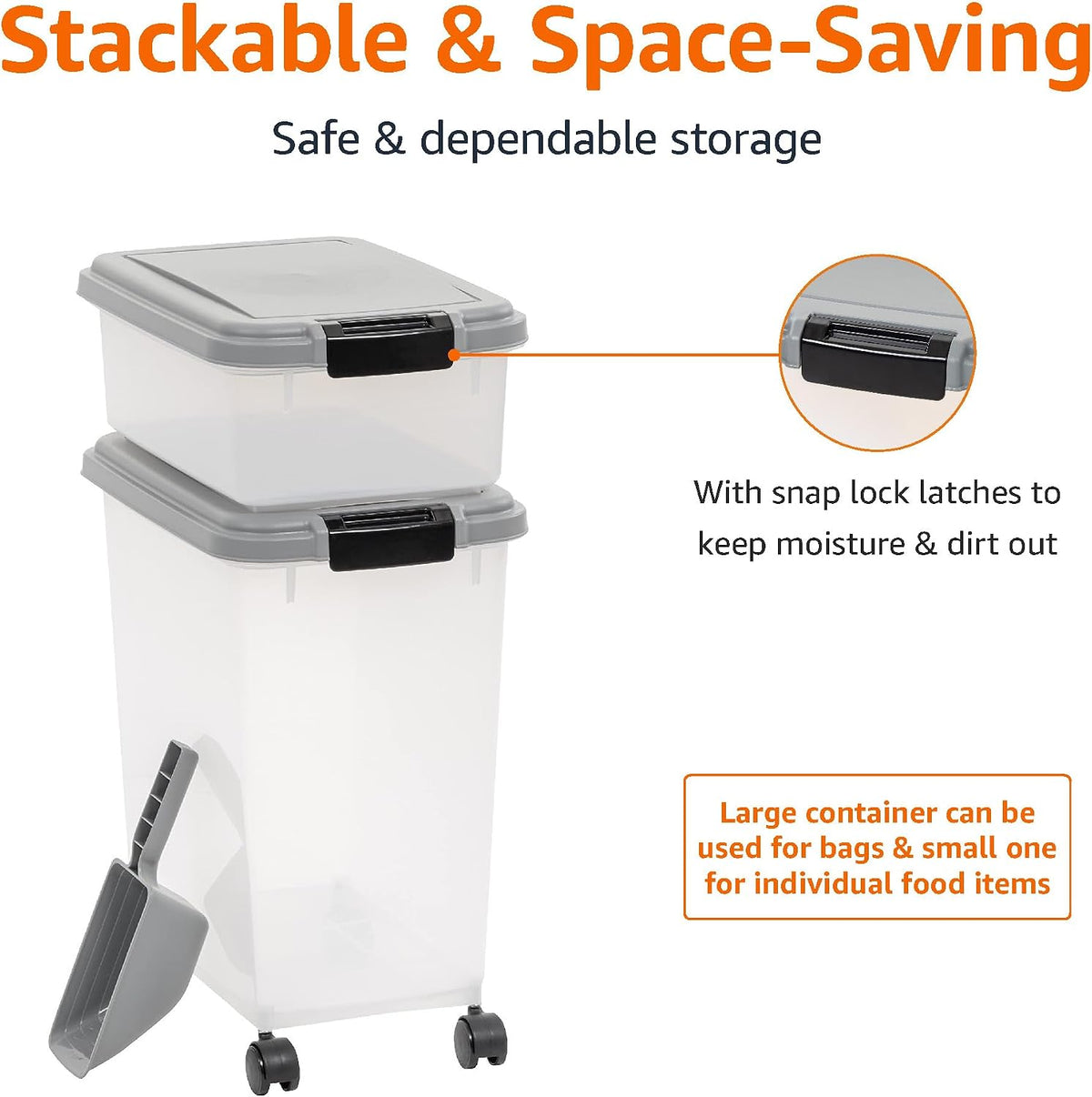 Amazon Basics 3-Piece Airtight Pet Food Storage Container Combo with Scoop, BPA Free, Removable Wheels, 33 QT + 12 QT 