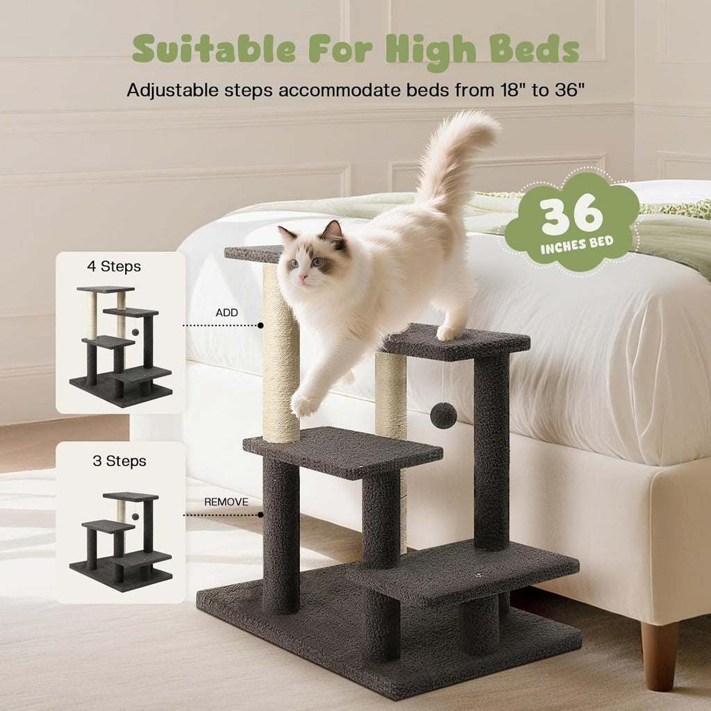 4-Step Pet Steps for Cats/Dogs, Cat Stairs with Sisal Scratching Post, Cat Steps for Older Cats with Enlarge Perch, Pet Stairs for High Bed and Couch, Gray