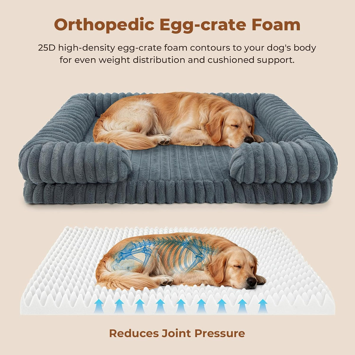 Orthopedic Dog Bed for Medium Large Sized Dog, 35*24.8*6.7" Washable Waterproof 25D Egg Crate Foam Dog Beds with C-Shape Bolster Support for Senior Dogs with Removable Cover non-Slip Bottom