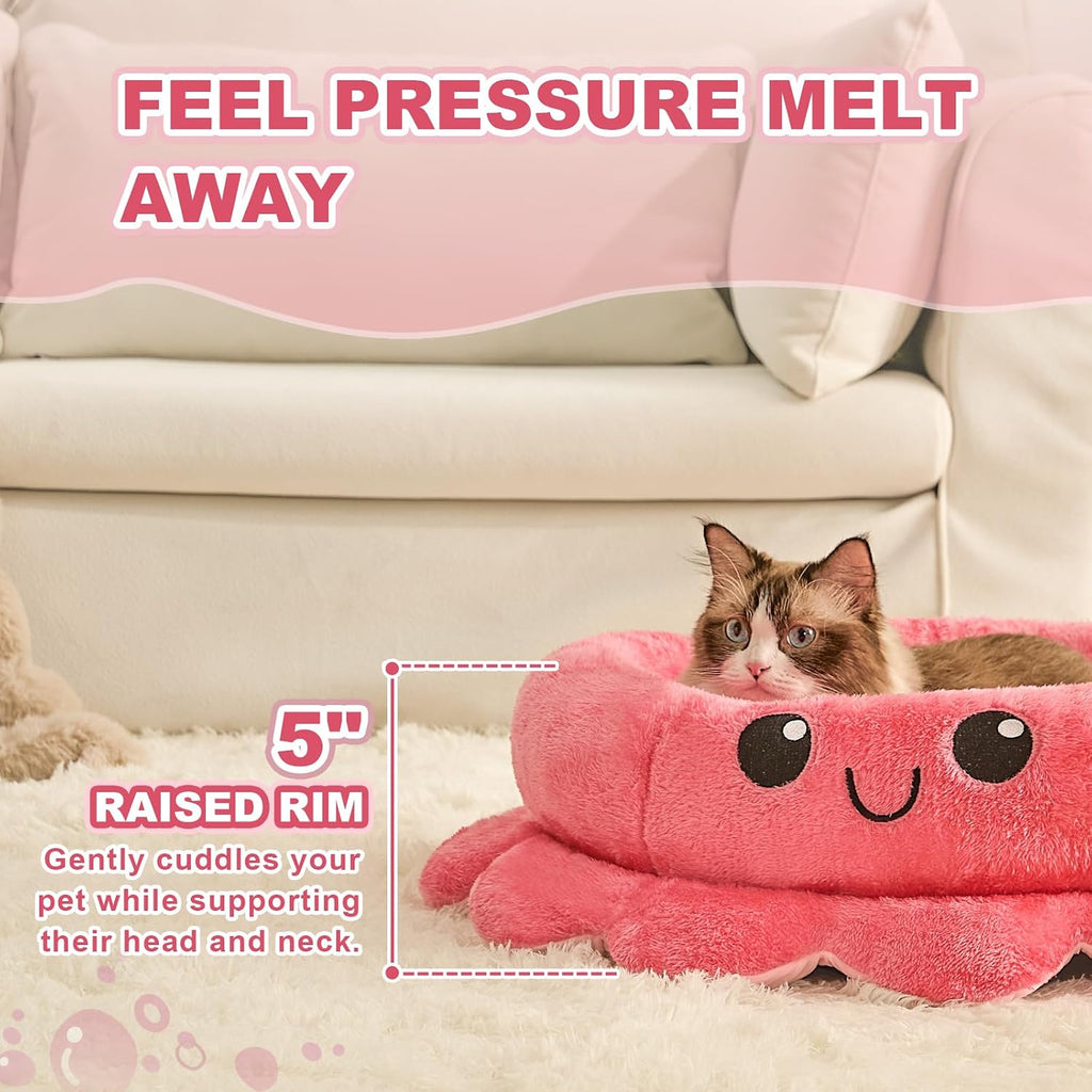 Jiupety Cute Calming Dog Beds Clearance for Medium Small Dogs, Anxiety Bolster Dog Bed with Octopus Shape, Pink, Red, Boho, Round Pet Bed Cat with Removable Cushion