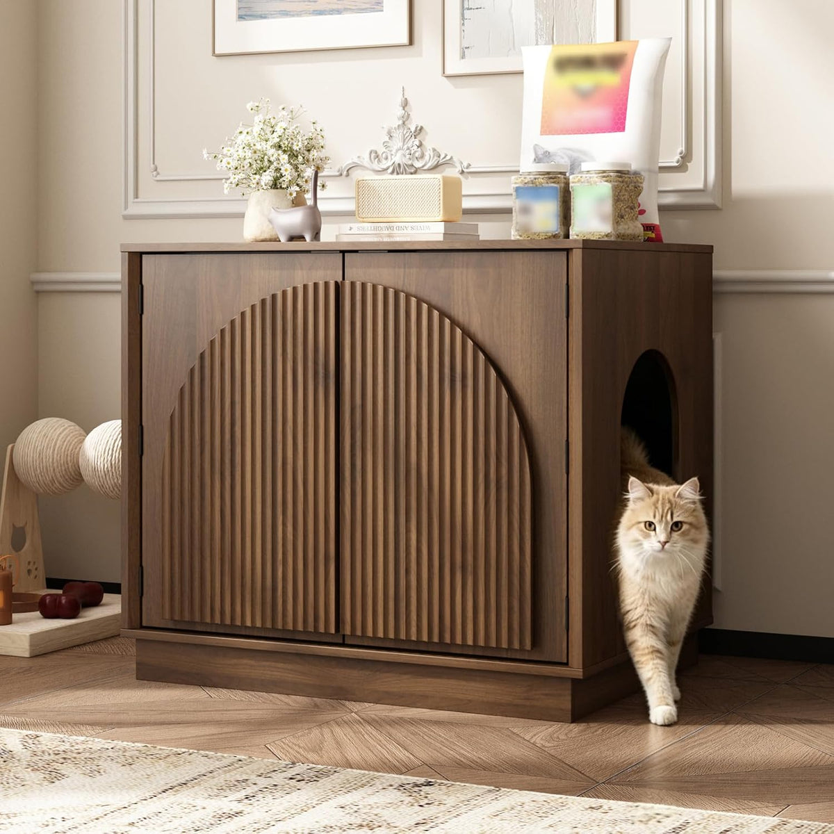 Cat Litter Box Enclosure, Modern Fluted Hidden Litter Box Furniture | 24.4" Tall Fits Most Litter Trays, Arched Fluted Door, Beveled Sides, 2.4" Reinforced Base, Rear Ventilation, Easy Assembly