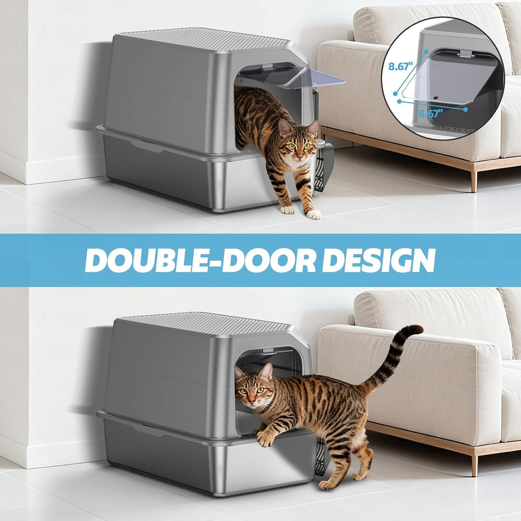 XL Stainless Steel Litter Box with Lid, Enclosed Cat Litter Box,Front Entry | XL for Big Cats, High Sides Enclosed Design, Anti-Urine Leakage, Non-Stick Odor-Free, Easy Clean, Reduce Litter Tracking