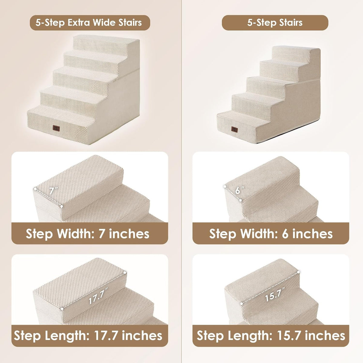 EHEYCIGA Dog Stairs for Bed 22.5" H, 5-Step Extra Wide Dog Steps, Beige