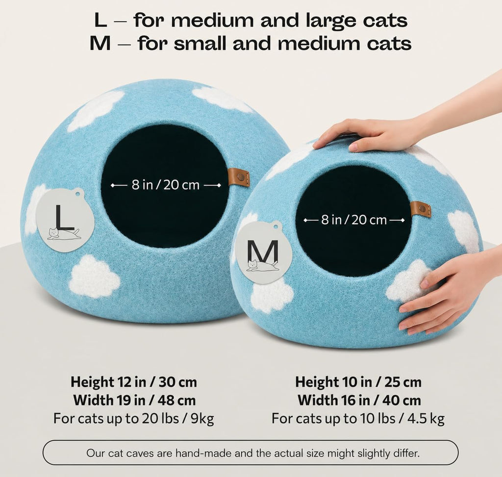 MEOWFIA Cat Cave - New Zealand Wool Bed for Indoor Cats (Cloud Nap Blue)
