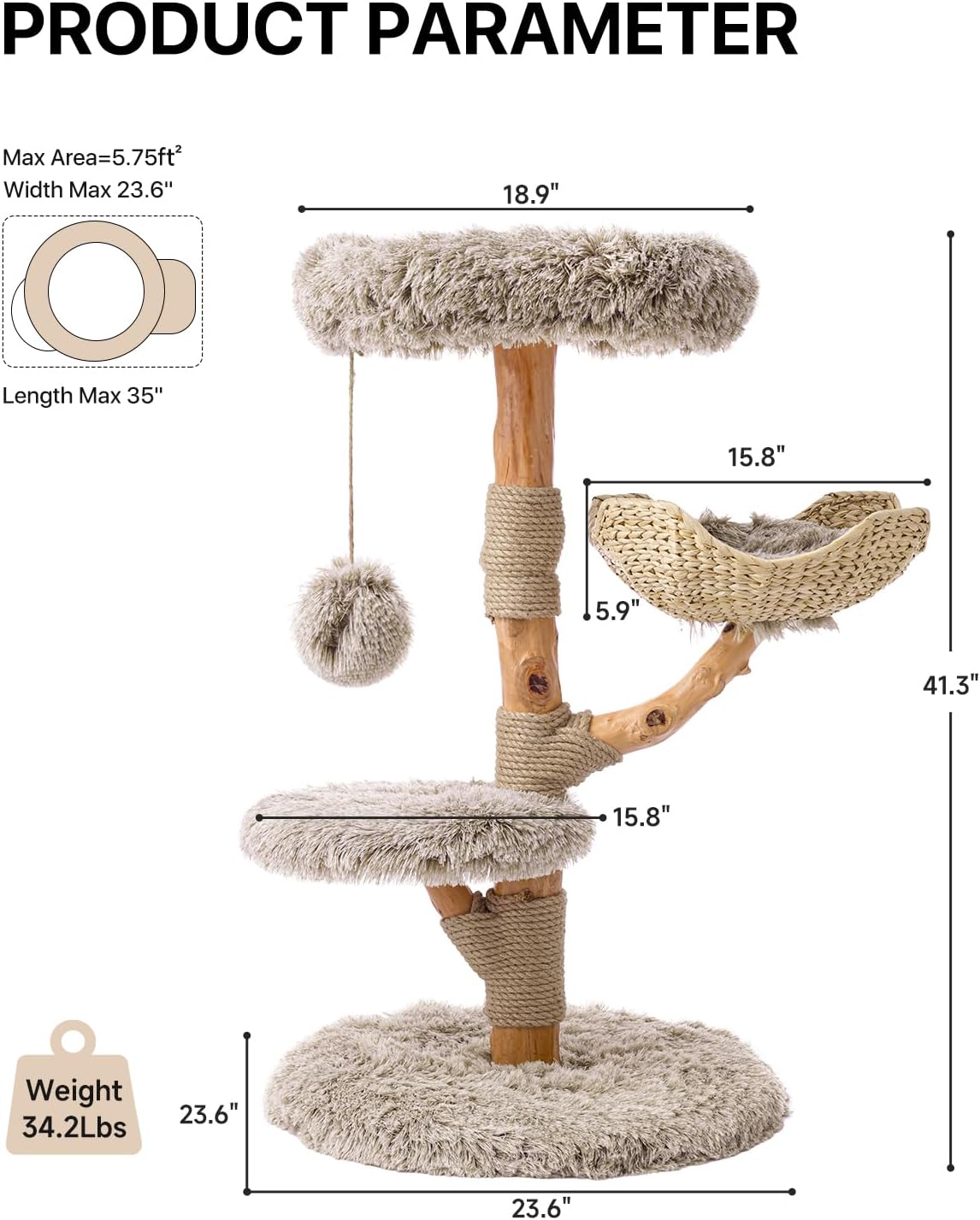 Sopapets Solid Wood Cat Tree, Modern Cat Tower for Indoor Large Cats, Beige