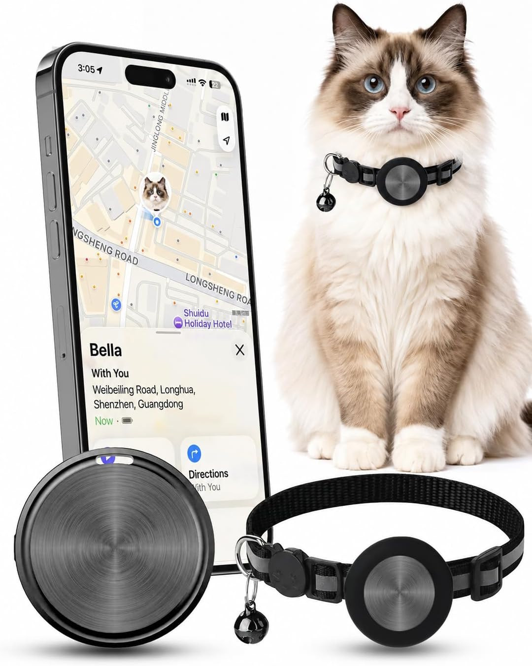GPS Cat Tracker Collar for iPhone, Find My APP, No Monthly Fee