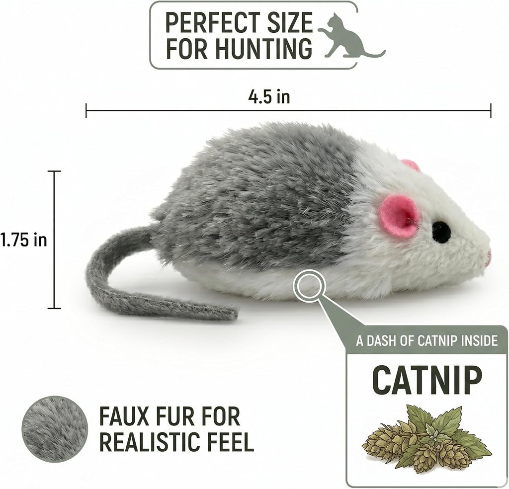 Smokey's Stash Gray and White Faux Fur Cat Mice Toy 12 Per Pack Multi Color Realistic Interactive Small Mouse with Rattle and Catnip Safe for Adult Cats and Kittens