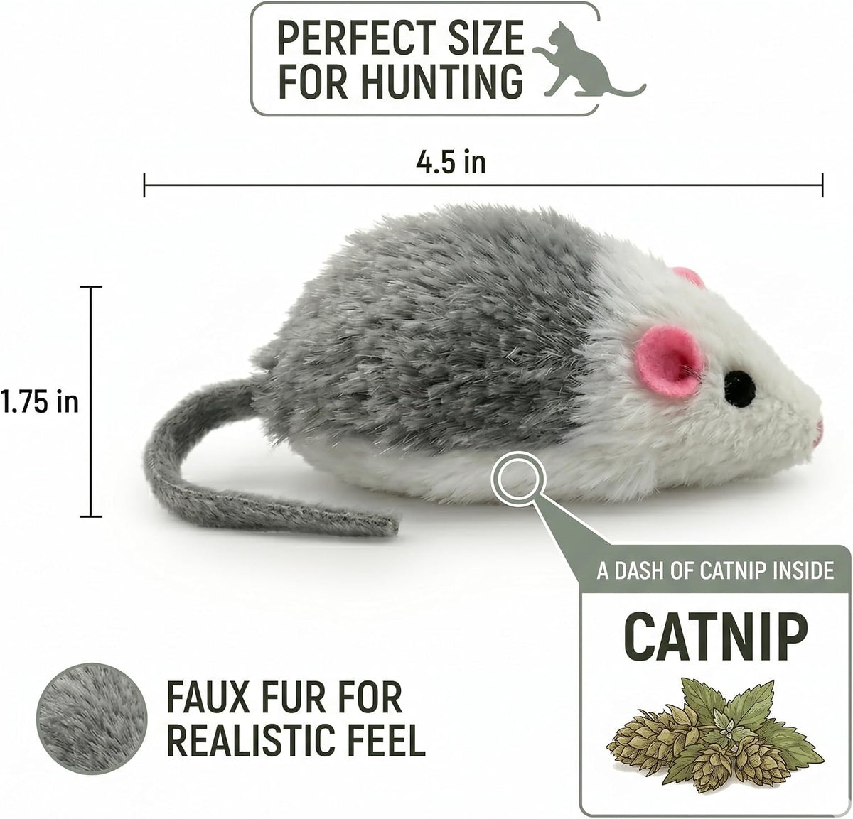 Smokey's Stash Gray and White Faux Fur Cat Mice Toy 12 Per Pack Multi Color Realistic Interactive Small Mouse with Rattle and Catnip Safe for Adult Cats and Kittens
