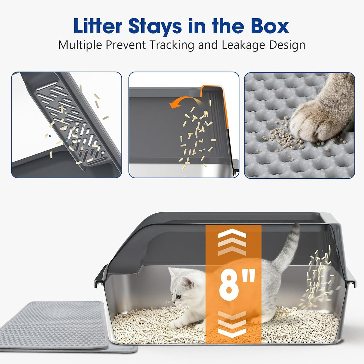 Stainless Steel Litter Box with Lid, Enclosed Metal Cat Litter Box with Built-in Carry Handle & 120° Flip-Top (Dark Gray, Small)