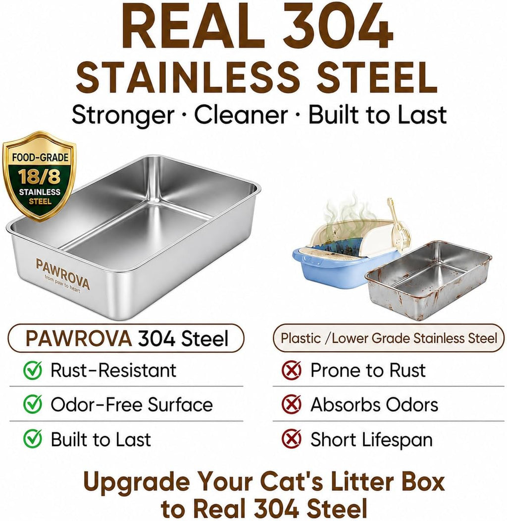 304 Stainless Steel Litter Box 2 Pack, XL Open Top with High Sides