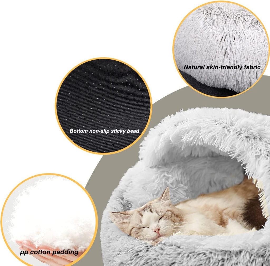 YUDANSI Small Dog Bed Hooded, Cat Cave Bed for Indoor Cats with Covered Hood for Small Dogs Cats Puppy, Plush Faux Fur Enclosed Nest(Gray-26'')