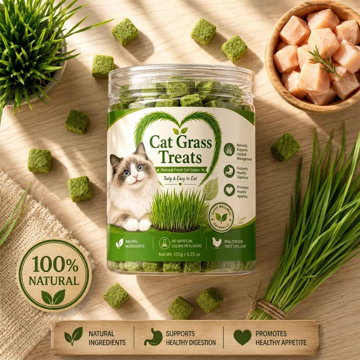 Cat Grass Treats for Indoor Cats, Natural Hairball Control Snacks with Catnip, Healthy Chewable Grass Pellets for Digestive Support