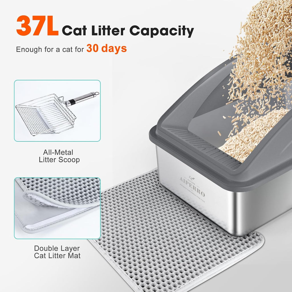 AIPERRO Stainless Steel Litter Box | XL Metal Cat Litter Boxs with Lid | Enclosed High Sided for Big Cats | Anti-Urine Leakage | Non-Stick & Easy to Clean with Litter Mat & Metal Scoop (Dark Gray)