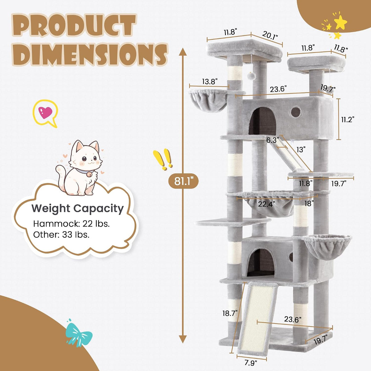 SHA CERLIN 81in Multi-Level Tall Cat Tree Tower for Indoor Kitties/Larger Cat Condo Furniture with Hammock/Cozy Pussycat Perches/Sisal Scratching Posts/Pet House/Wide Base/Grey