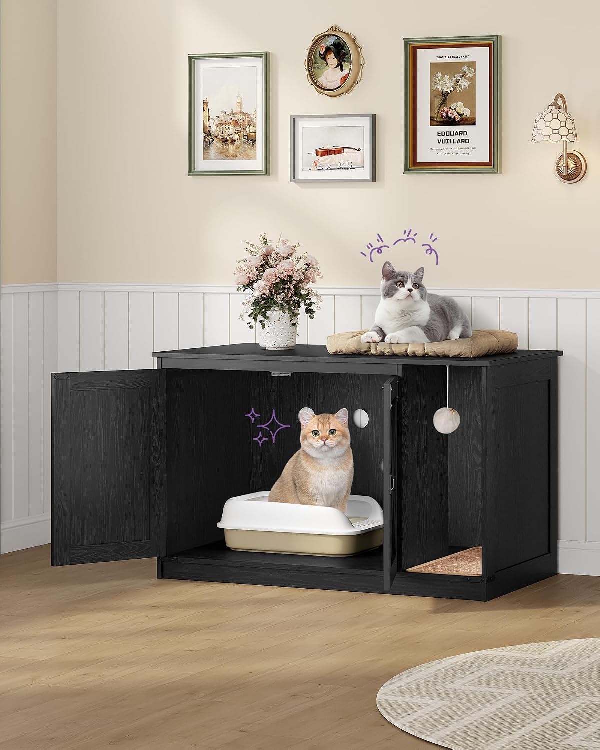 Hzuaneri Cat Litter Box Enclosure, Hidden Litter Box Cabinet Furniture | Indoor Cat House with Bell, Farmhouse Style, 31.5 x 19.7 x 20.9 Inches, for Hallway, Bedroom, Black CB85204X