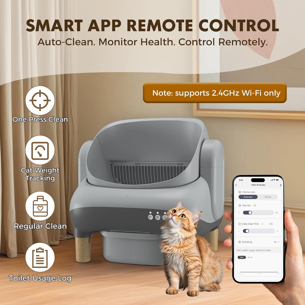 GTPLAYER Smart Cat Litter Box, Open-Top Self Cleaning Cat Litter Box with App Control, Safety Sensors, Large Capacity Waste Bin, Easy Maintenance, Automatic Litter Box for Multi-Cat Homes, Gray