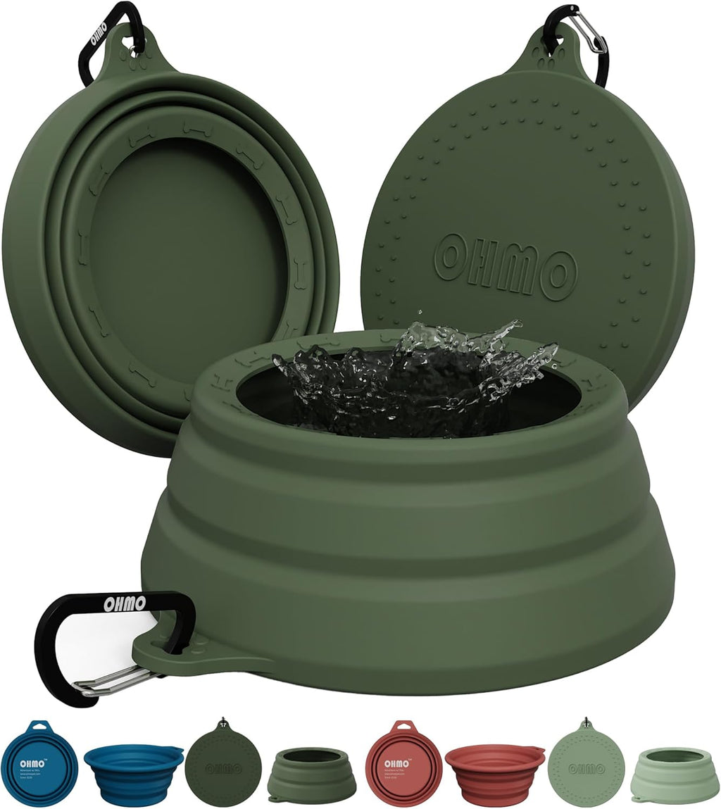 OHMO Spill Proof Collapsible Dog Bowl, 24oz Portable Dog Water Bowl | Low Center Gravity Stability, Tapered Splash Control, Foldable Cat Bowl, Dishwasher Safe, Dog Travel Essential, Camo Green