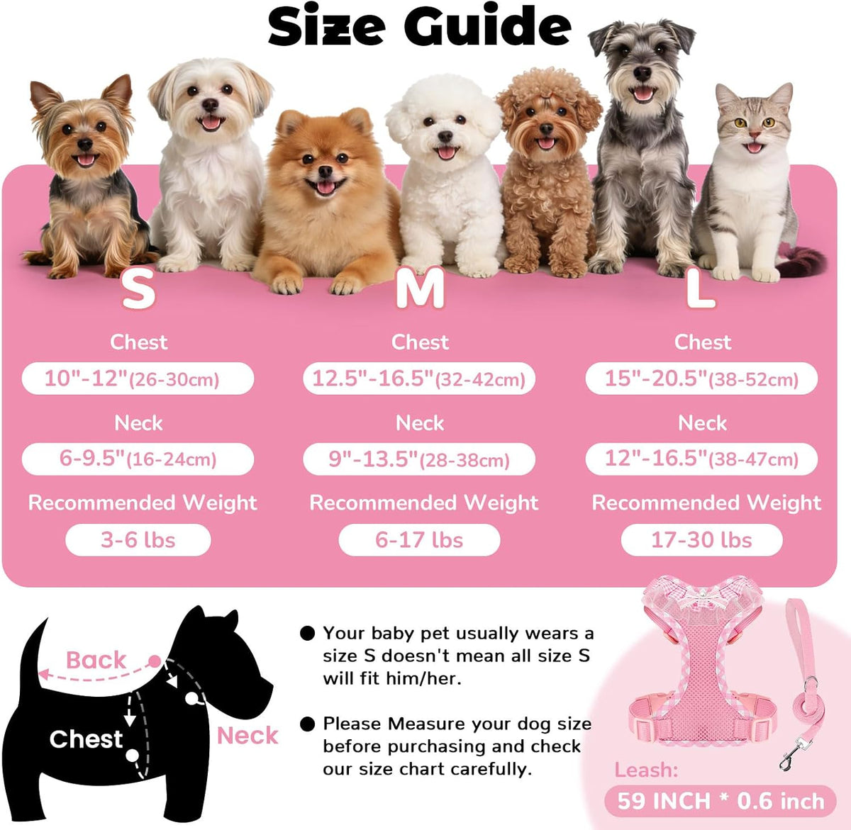 ABRRLO Cute Puppy Harness and Leash Set for Small Dogs Cats Girls,Pink,S