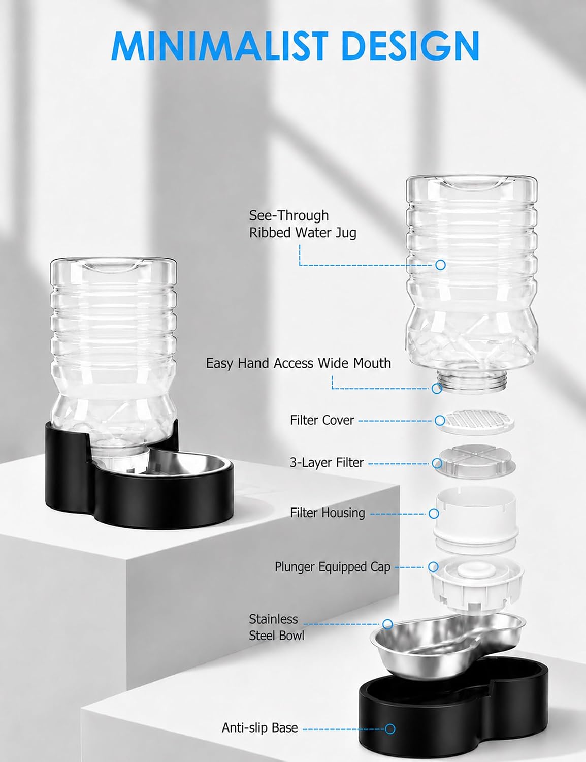Heouvo 1.3 Gal Gravity Cat Water Dispenser, Wide-Mouth, 3 Filters, Black