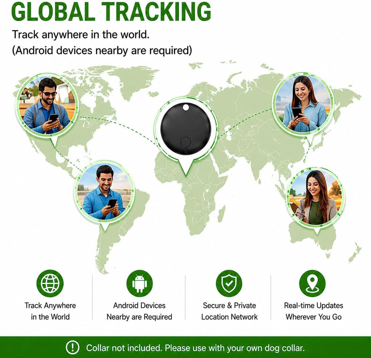 Pet Tracker for Dogs Android Only, GPS Dog Tracker Collar No Subscription – Google Find Hub Compatible Dog Tracker GPS, IP67 Waterproof with Replaceable 1-Year Battery (Network-Dependent)