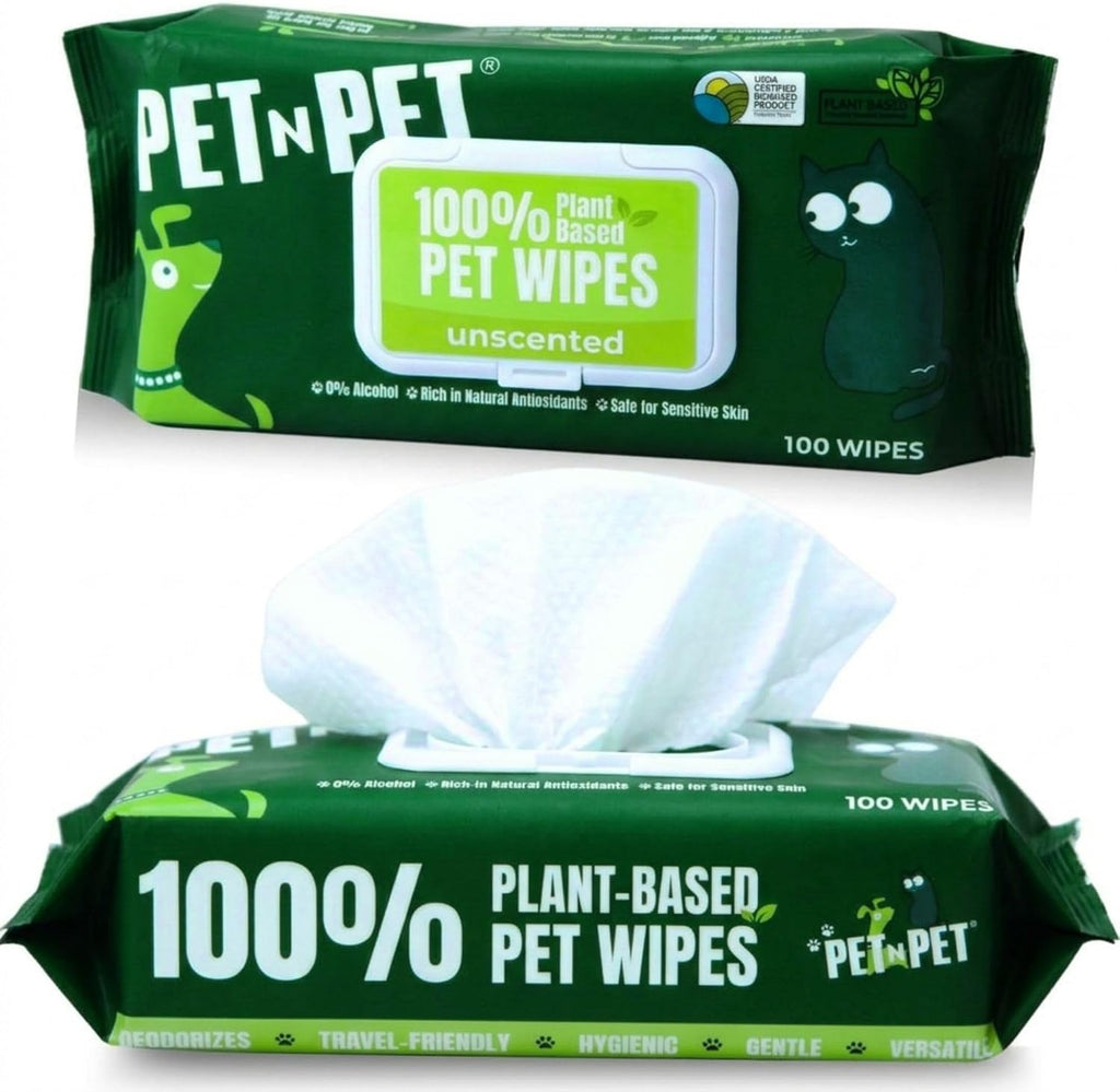 PET N PET 100% Plant Based Dog Wipes for Paws and Butt, 100 Counts Hypoallergenic Unscented Dog Pet Wipes, 8" x 8"