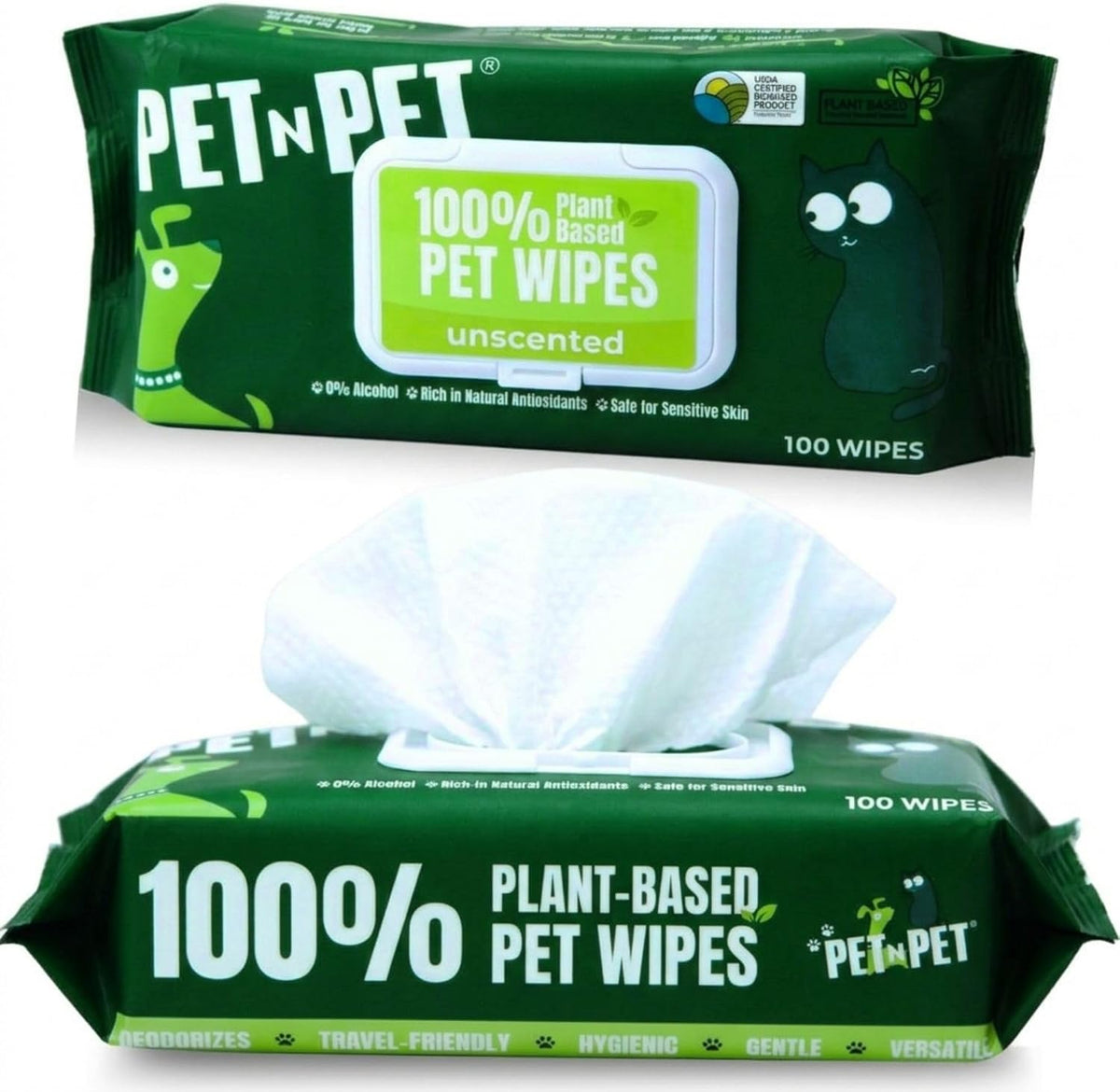 PET N PET 100% Plant Based Dog Wipes for Paws and Butt, 100 Counts Hypoallergenic Unscented Dog Pet Wipes, 8" x 8"