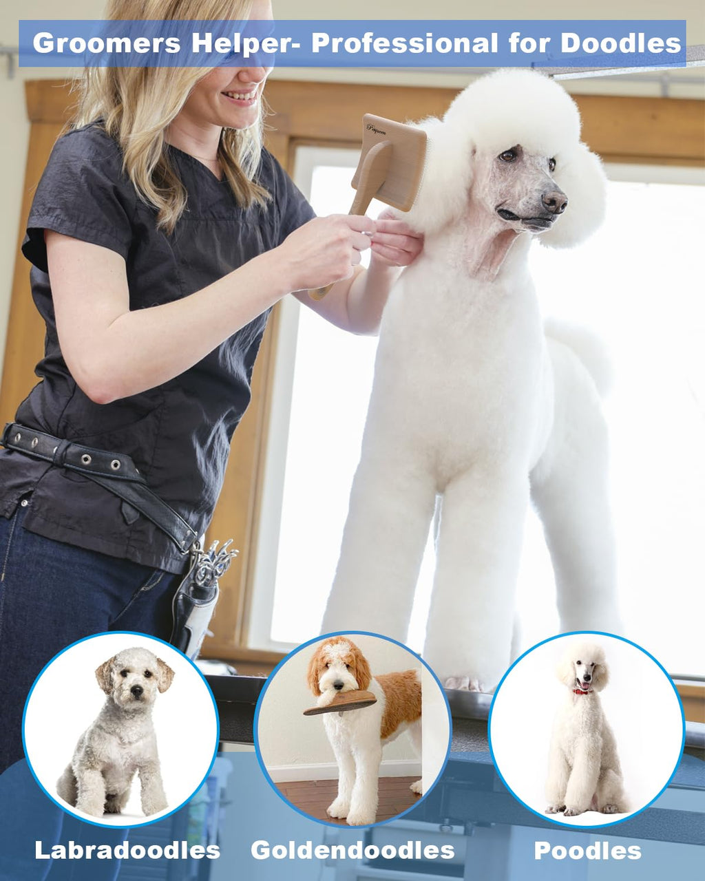 Dog Slicker Brush for Large Dogs, Professional Doodles Brush for Poodles, Goldendoodles and Labradoodles - Easy to Remove Tangles, Mats and Fluff - 3.8"x3.2" Head, 8" Wood Body