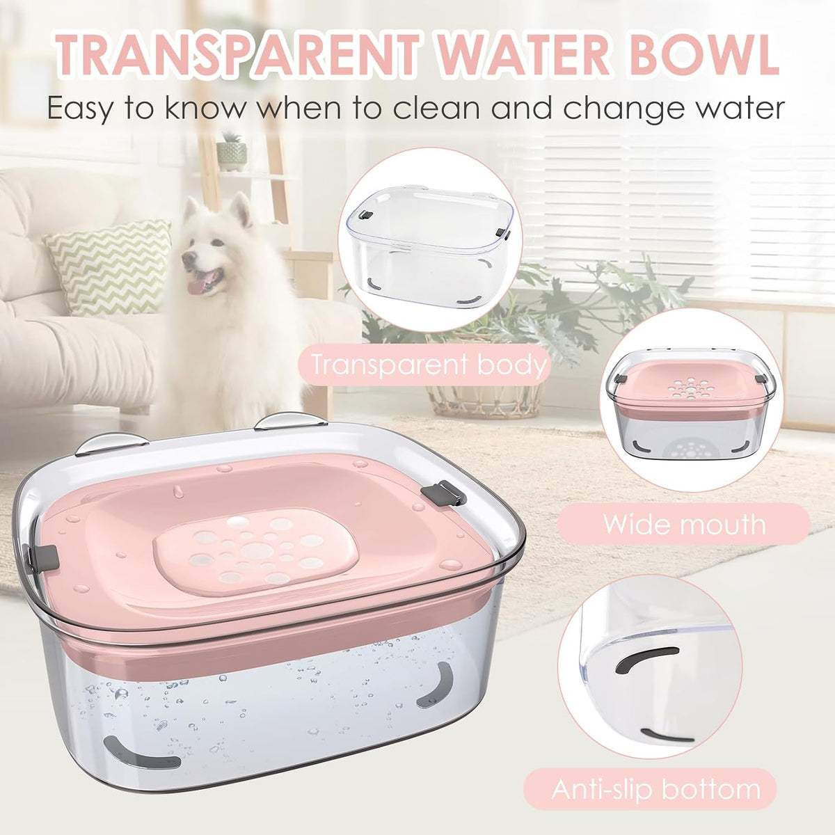AONKEY 3L No Spill Dog Water Bowl with Slow Drinking Disk(Pink)