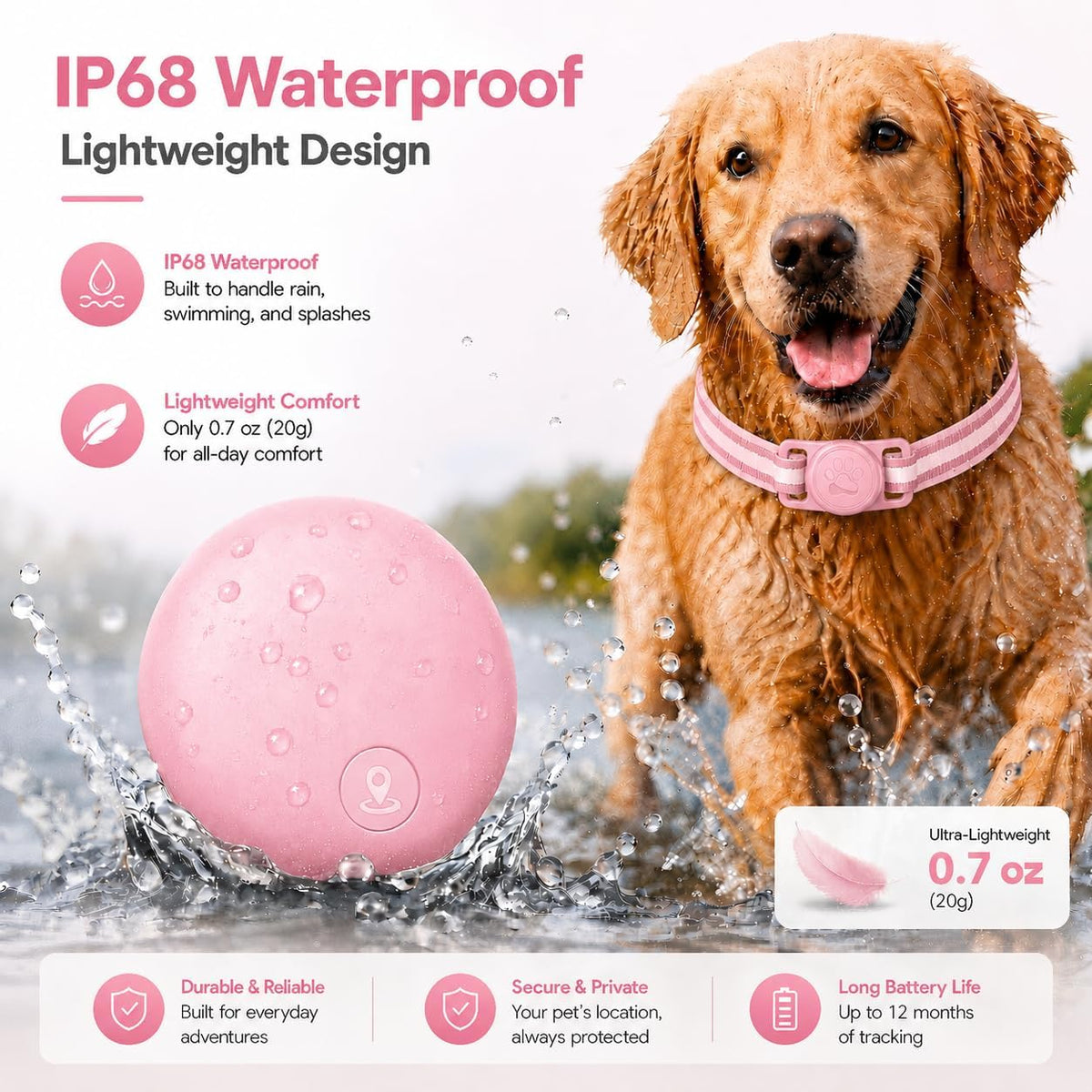 GPS Tracker for Dogs, Pet Location Tracker for Dogs & Cats, iOS Only(Pink)