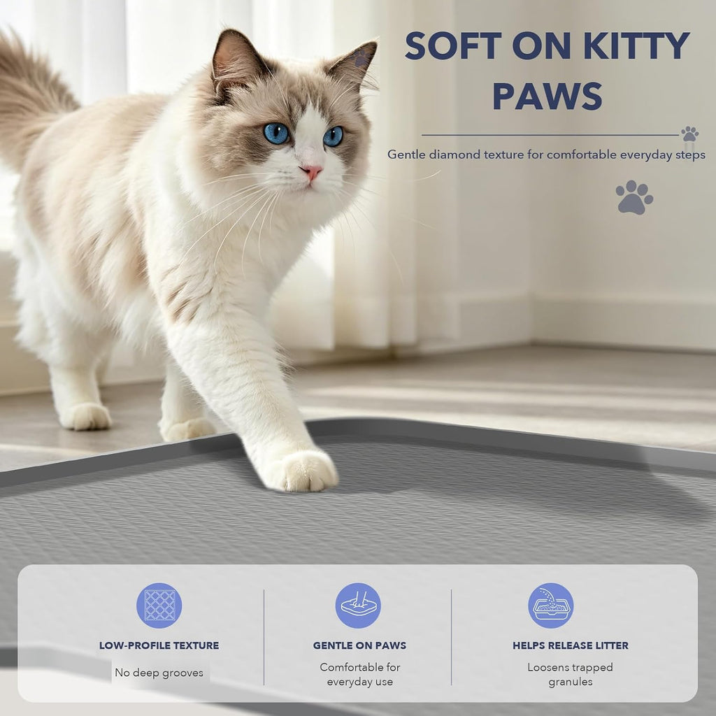 Cat Litter Mat, XL 47 x 37 in Extra Large Silicone Litter Box Mat | Gray, Silicone rubber, Water-resistant, Easy pour-out front notch, Raised lip, Grippy backing, Rinses clean