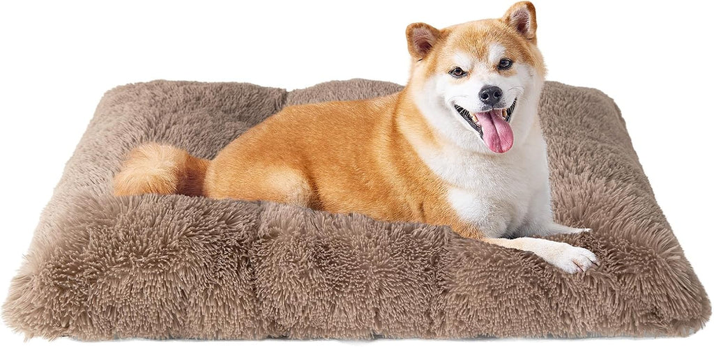 EHEYCIGA Fluffy Dog Crate Bed for Large Dogs, Plush Faux Fur Pad, Camel