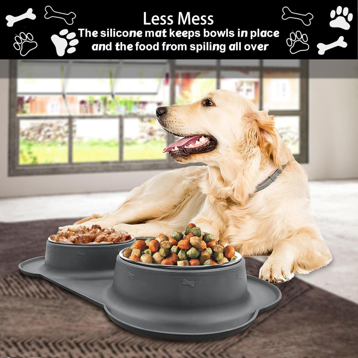 AsFrost Dog Food Bowls, BPA Free Stainless Steel Dog Food and Water Bowl Set, 2 Large Dog Bowls with No Spill Non-Skid Silicone Mat, Dog Dishes for Medium Large Sized Dogs Pet Bowls, 6 Cup, Grey 