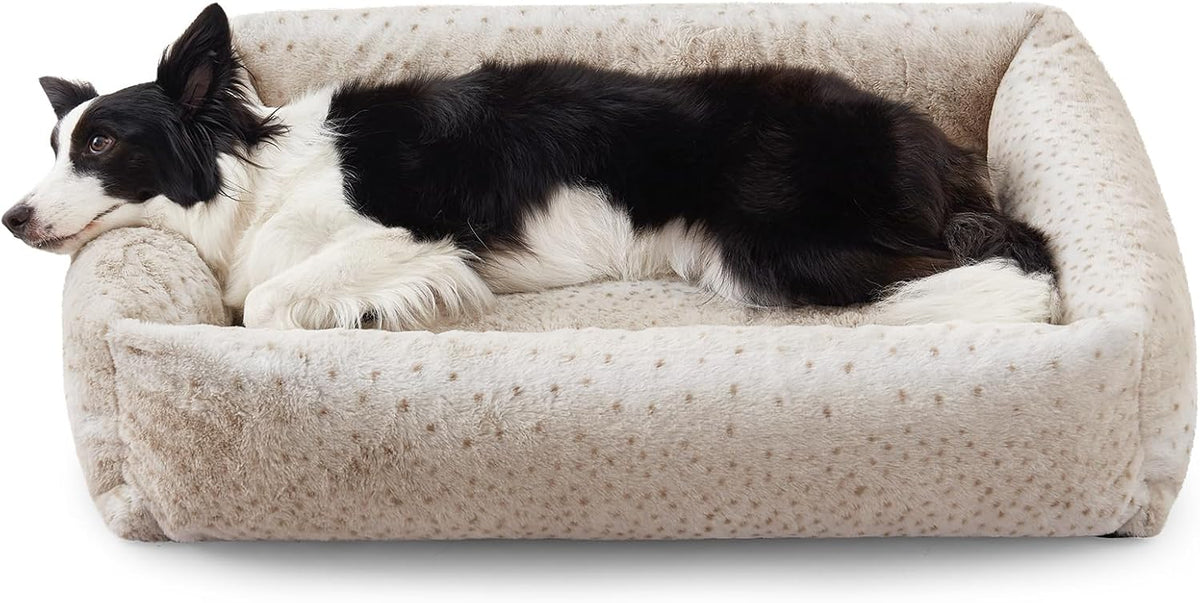 JOEJOY Dog Bed Medium Size Dog, Removable Washable Cover Orthopedic Soft Pet Bed, Anti-Slip Fluffy Plush Faux Rabbit Fur Puppy Bed, 30"x24"x8", Leopard Print, Beige