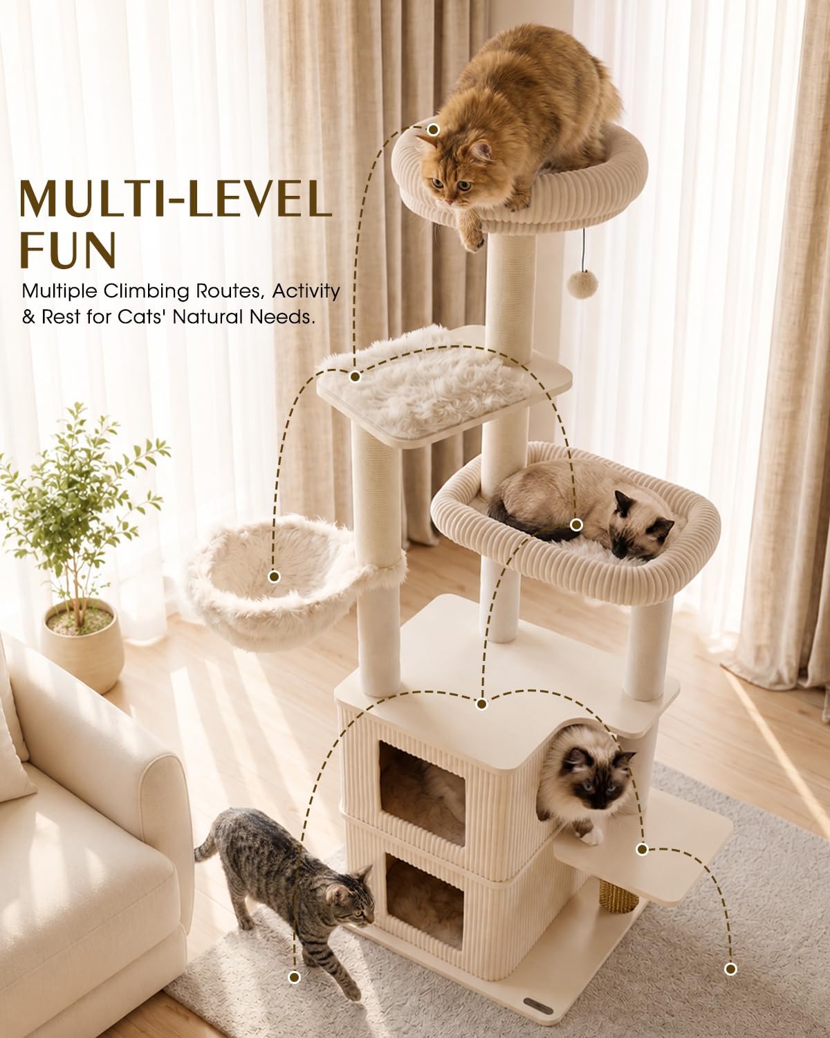 Wood Cat Tree for Indoor Cats, Modern Cat Tower with Sisal Scratching Posts
