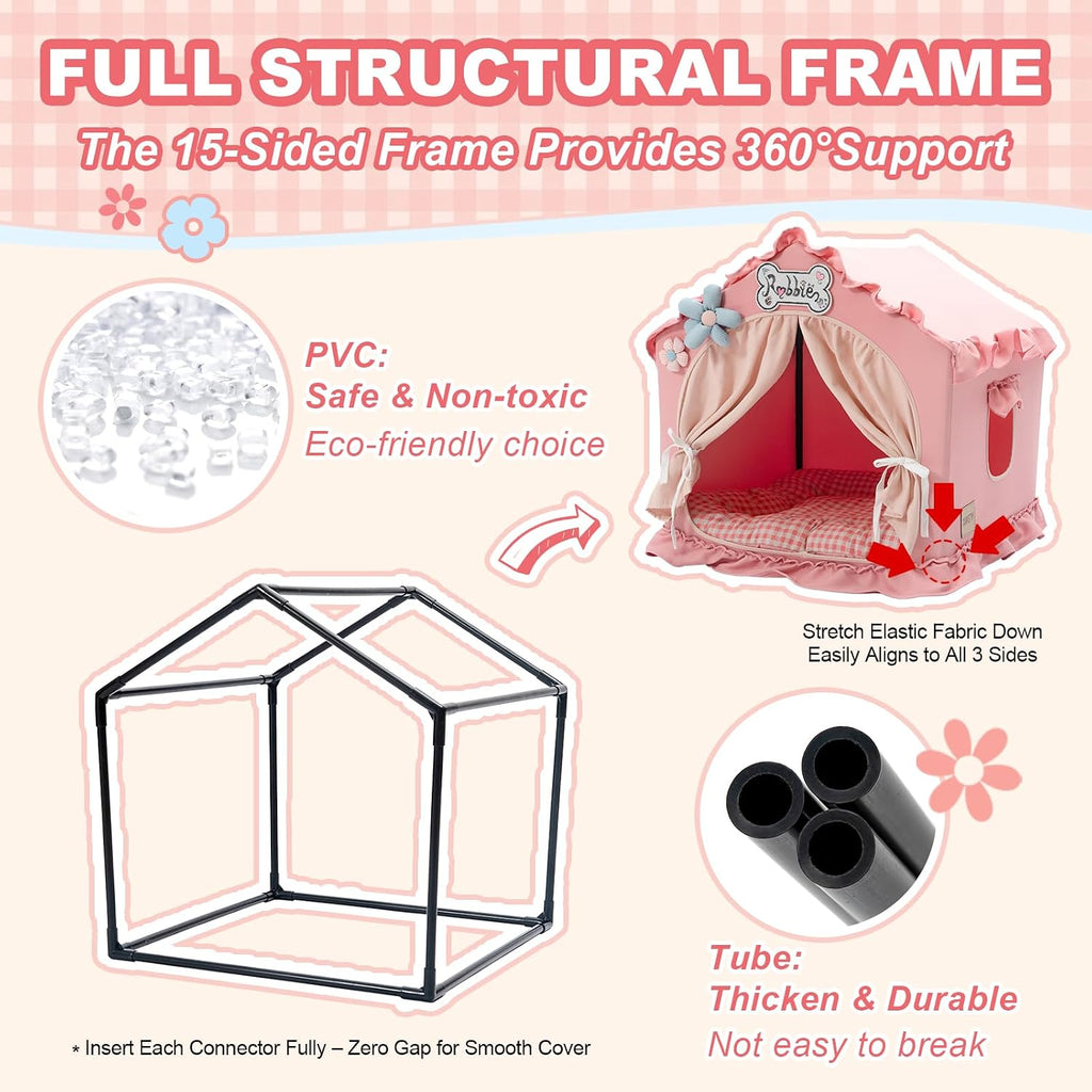 Jiupety Indoor Dog House with Frame,Cute Dog Tent Bed with Cover Cave,Pink