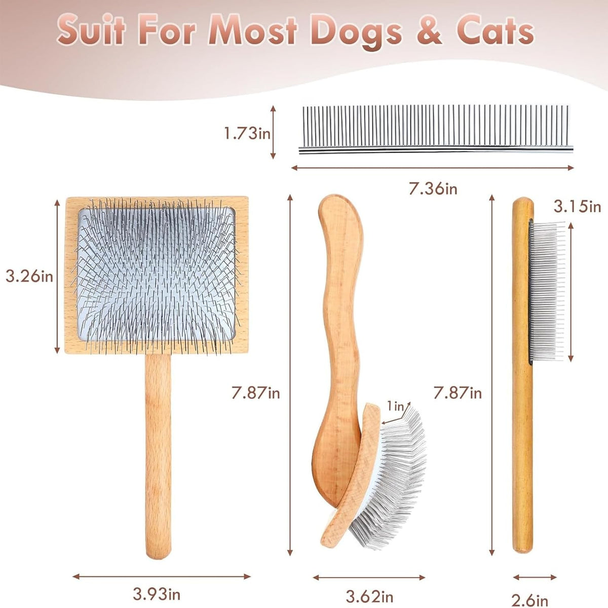 3-in-1 Long Pin Slicker Brush Set, Pet Grooming Kit, Natural Wood