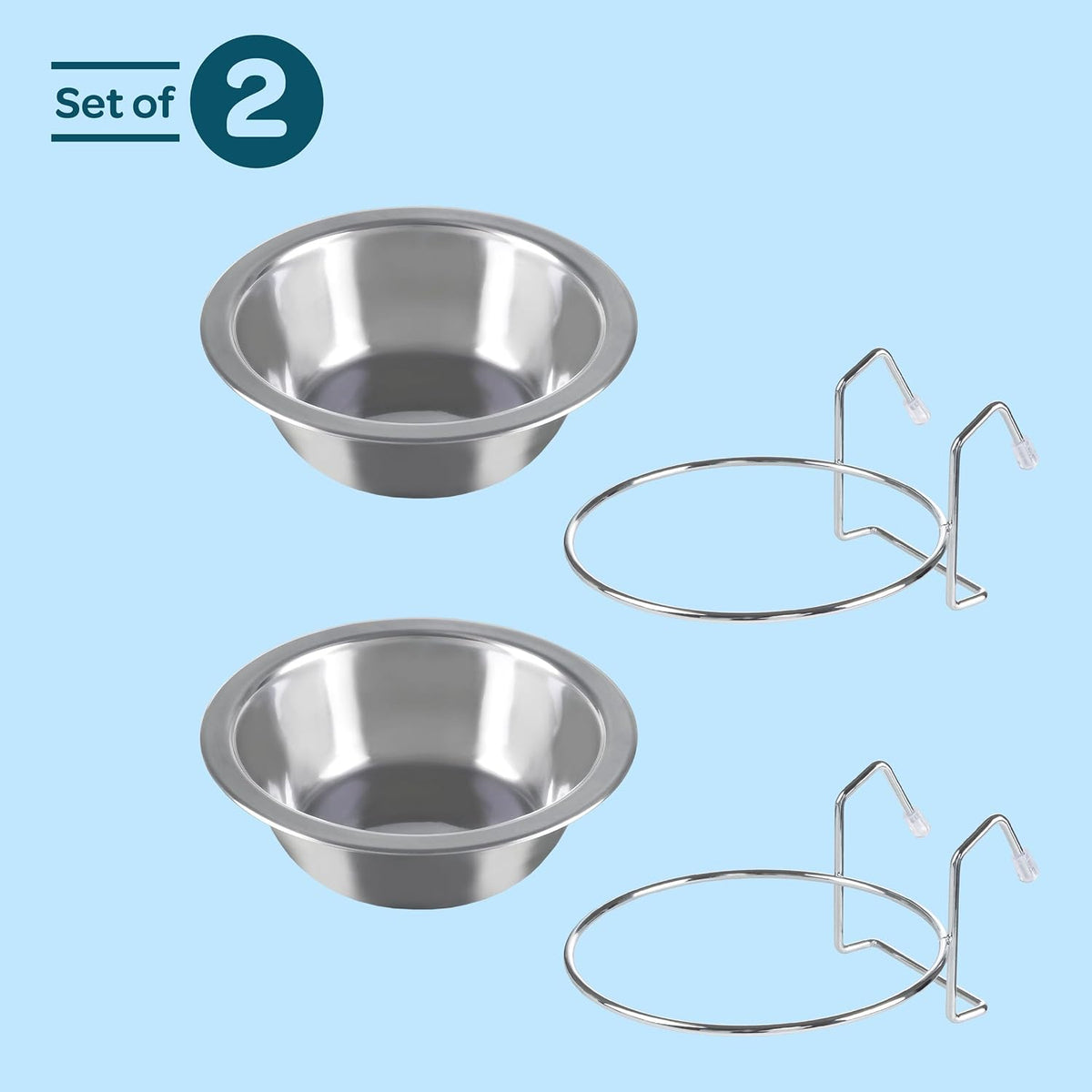 Set of 2 Stainless-Steel Dog Bowls - Cage, Kennel, and Crate Hanging Pet Bowls for Food and Water - 8oz Each and Dishwasher Safe by PETMAKER, Silver | Cage, Kennel, and Crate Hanging Pet Bowls for Food and Water, Dishwasher Safe Food and Water Pet Dishes 