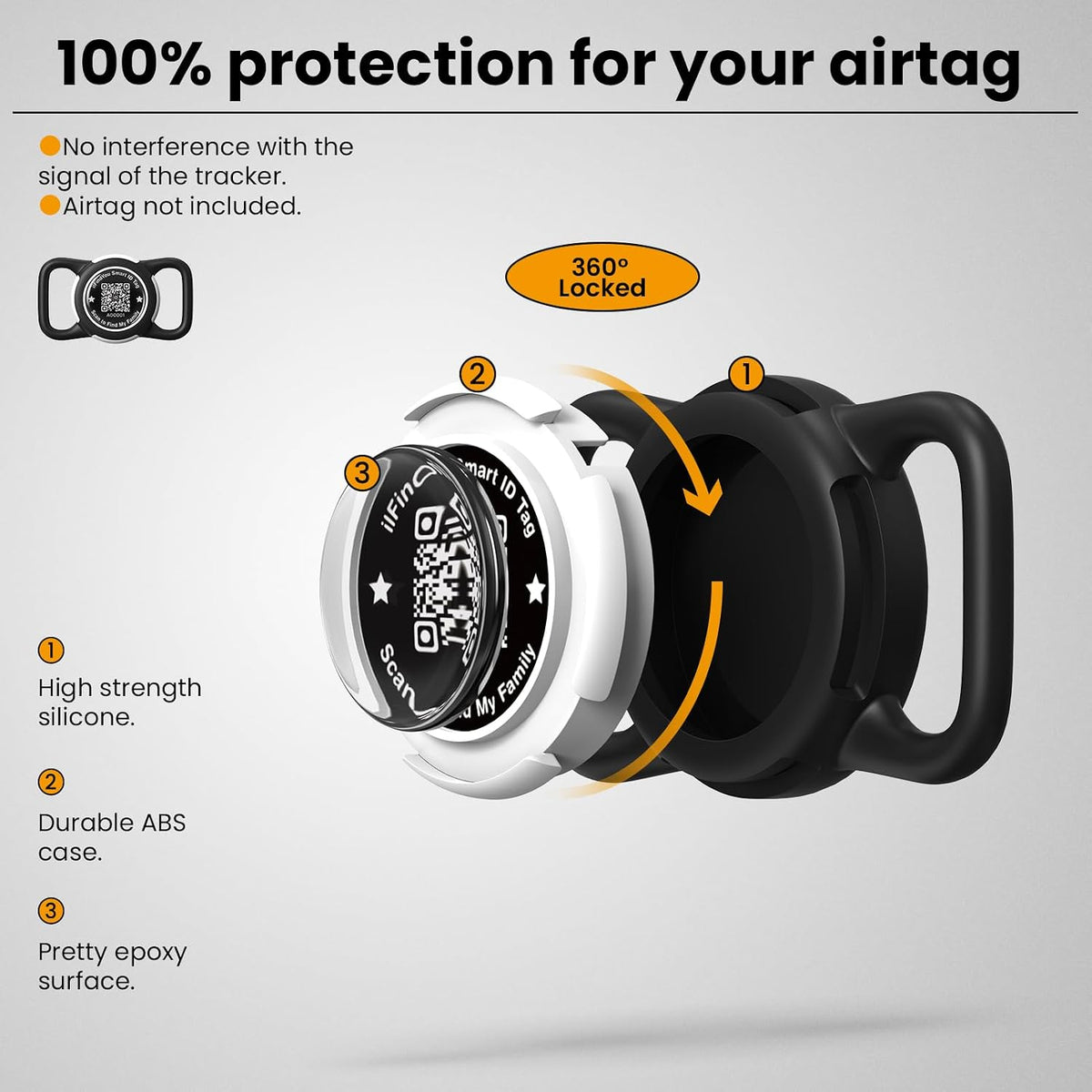 Waterproof AirTag Dog Collar Holder for Apple Tracker QR Code Case Black