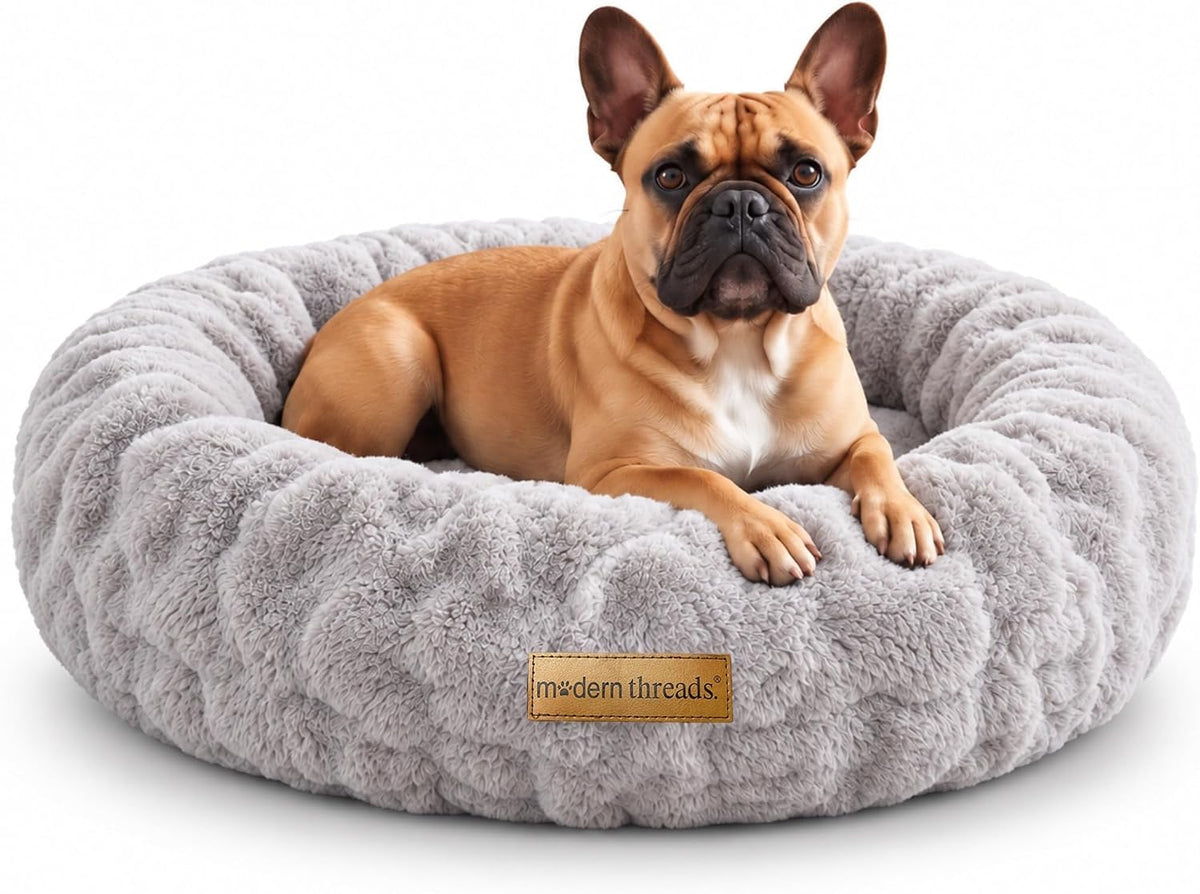 Modern Threads Calming Donut Dog Bed for Medium Dogs, Plush Round Faux Fur Pet Bed with Raised Bolster, Soft Washable Dog Bed, 30x30x9, Gray