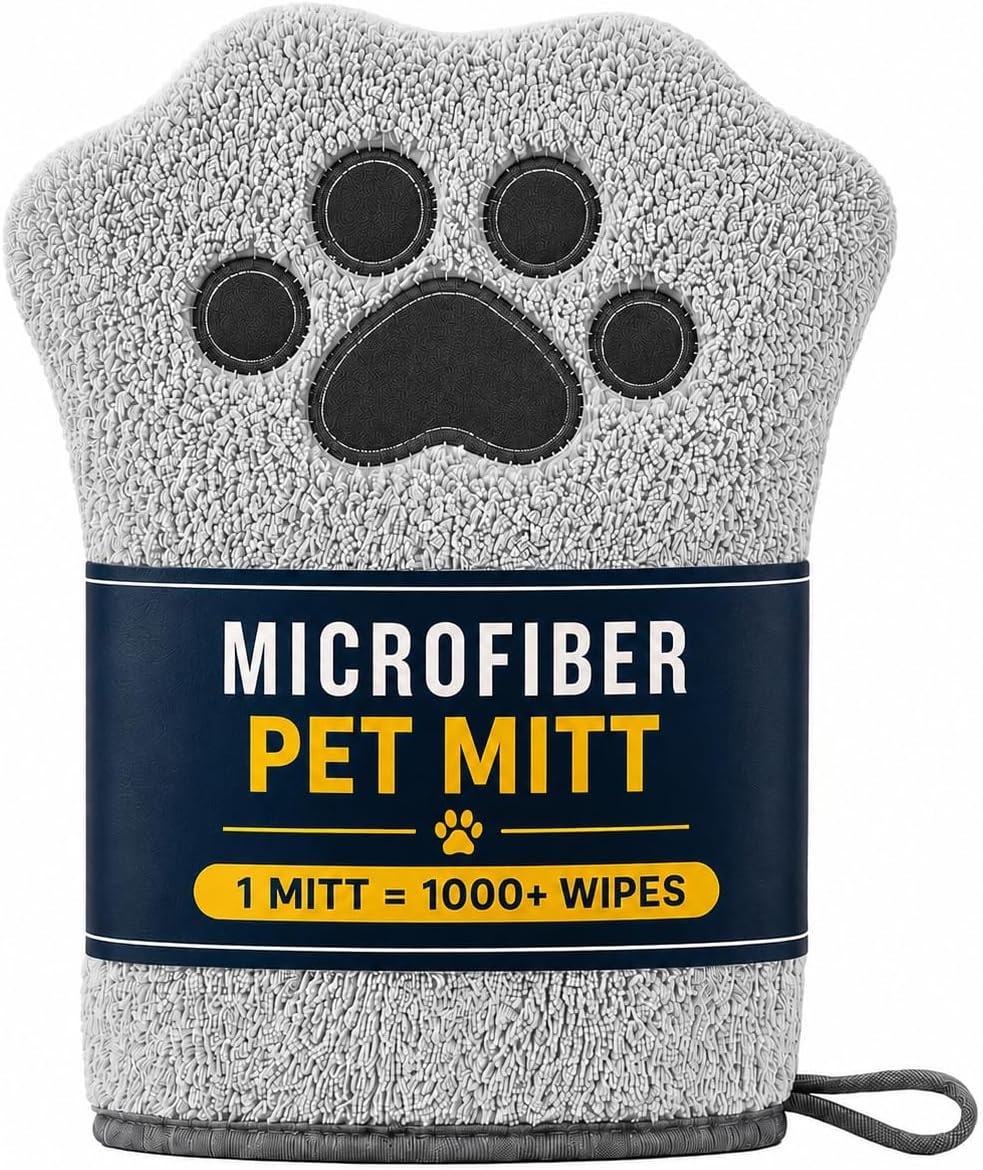 Microfiber Grooming Mitt for Cats & Dogs, 100+ Times Washable – 10X Cheaper Than Pet Wipes - Ultra-Soft Double-Sided Microfiber Pet Cleaning Mitt for Bathing & Drying, Machine Washable, Grey