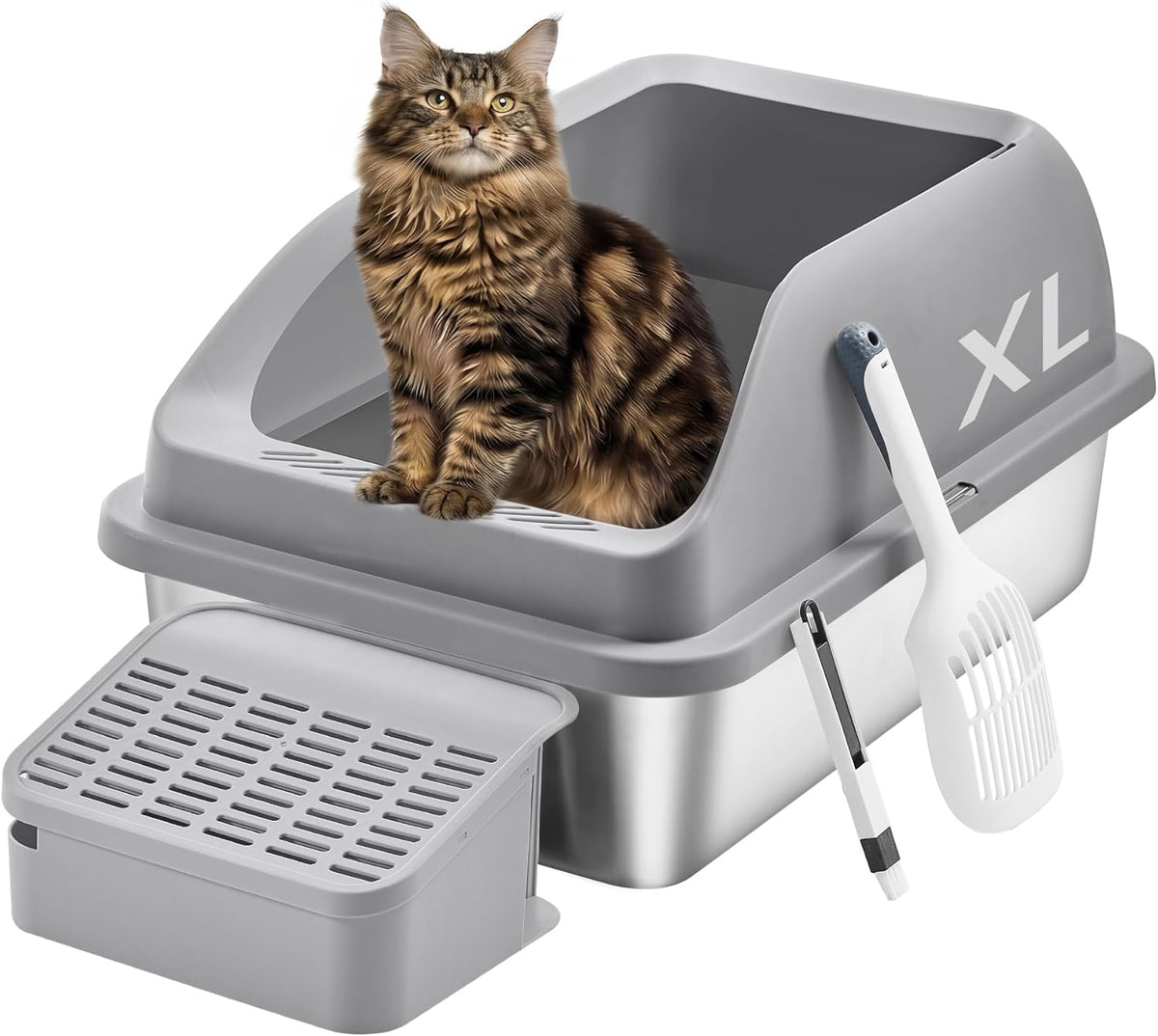 Feandrea 1 Pack Stainless Steel Cat Litter Box, for Cats up to 33 lb | High Sided Litter Tray with Open Top, Step, Scoop, Brush, Dove Gray, UPPT008GN01
