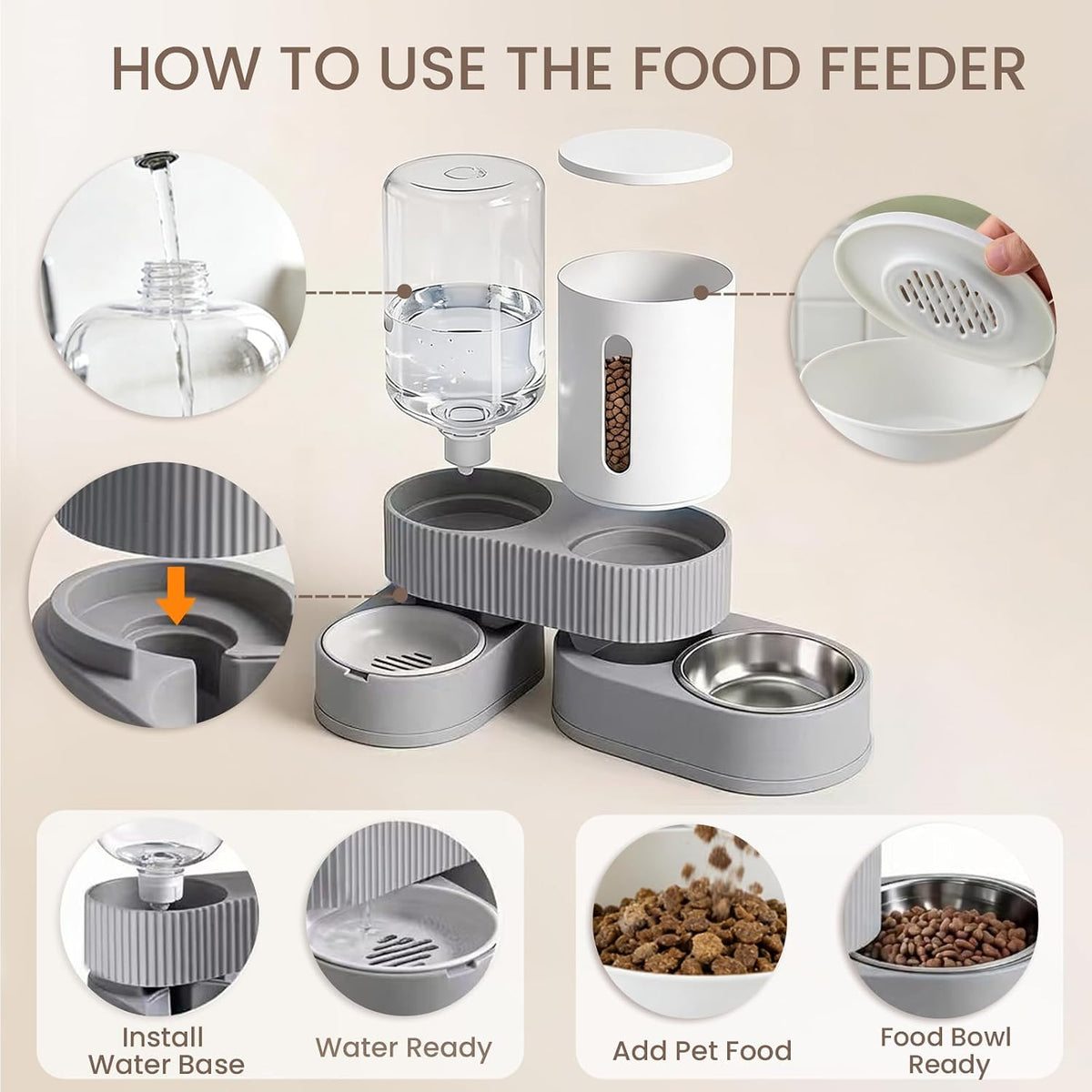 Gravity Cat Feeder 2 Pack Automatic Food Feeder and Water Dispenser Set Detachable Pet Bowl with Silicone Mat and Brush for Cats Small Medium Dogs, Large Capacity(Grey)