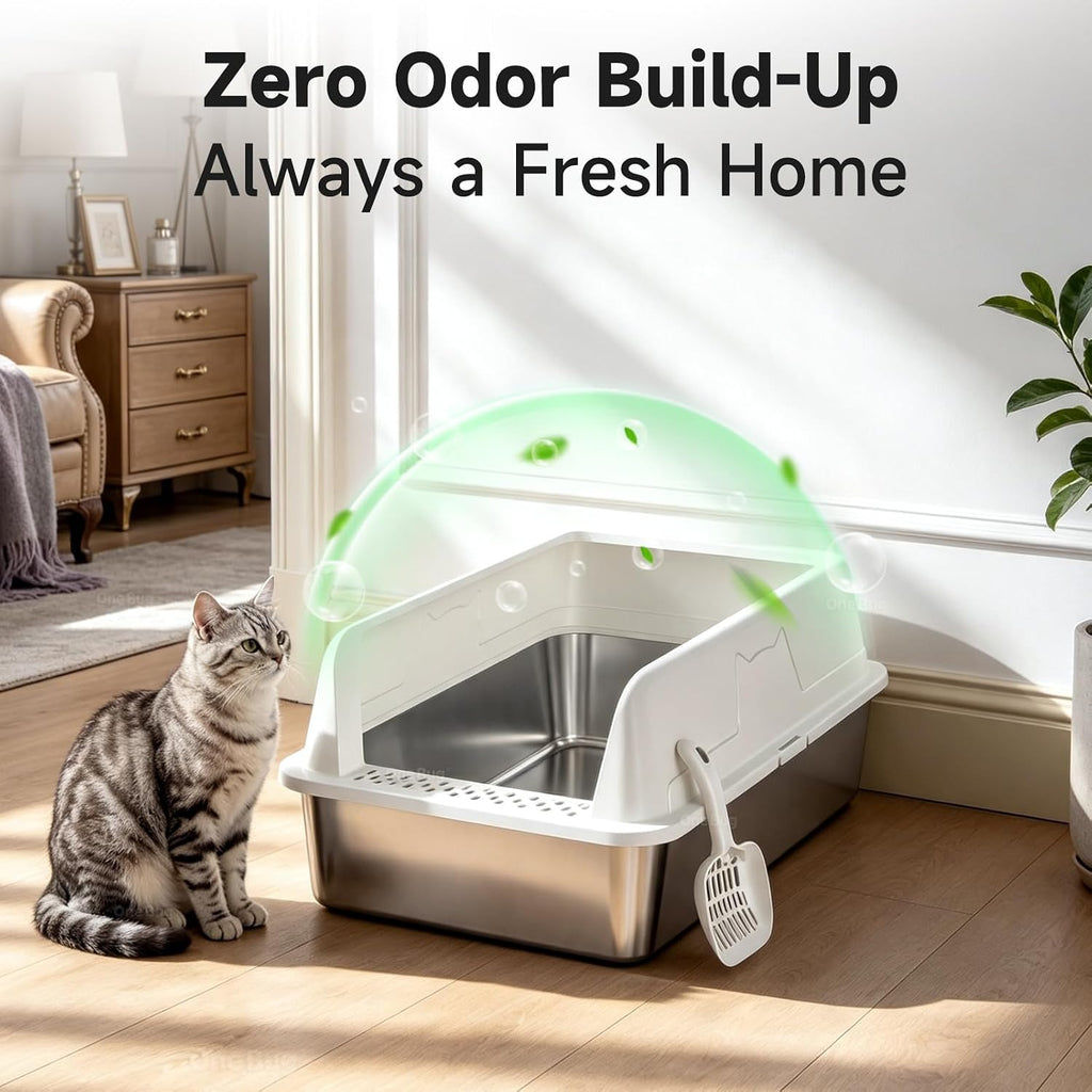 High-Sided Stainless Steel XL Cat Litter Box for Cats | High-Sided Design Prevents Urine Leakage,Non-Stick,Easy to Clean,Includes Scoop,White