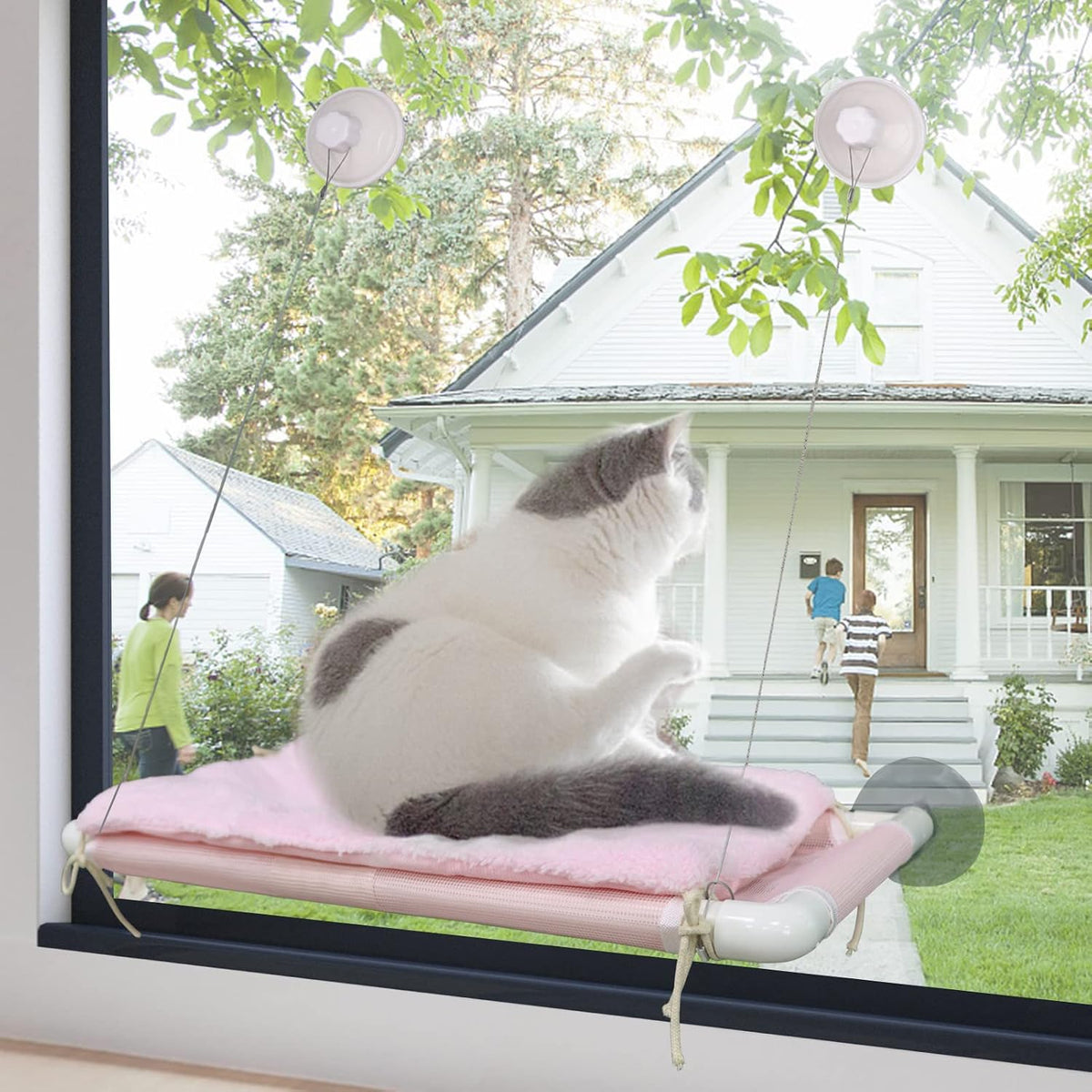 Cat Window Perch, Cat Hammock w/Fleece Blanket, Screw Suction Cups, Pink